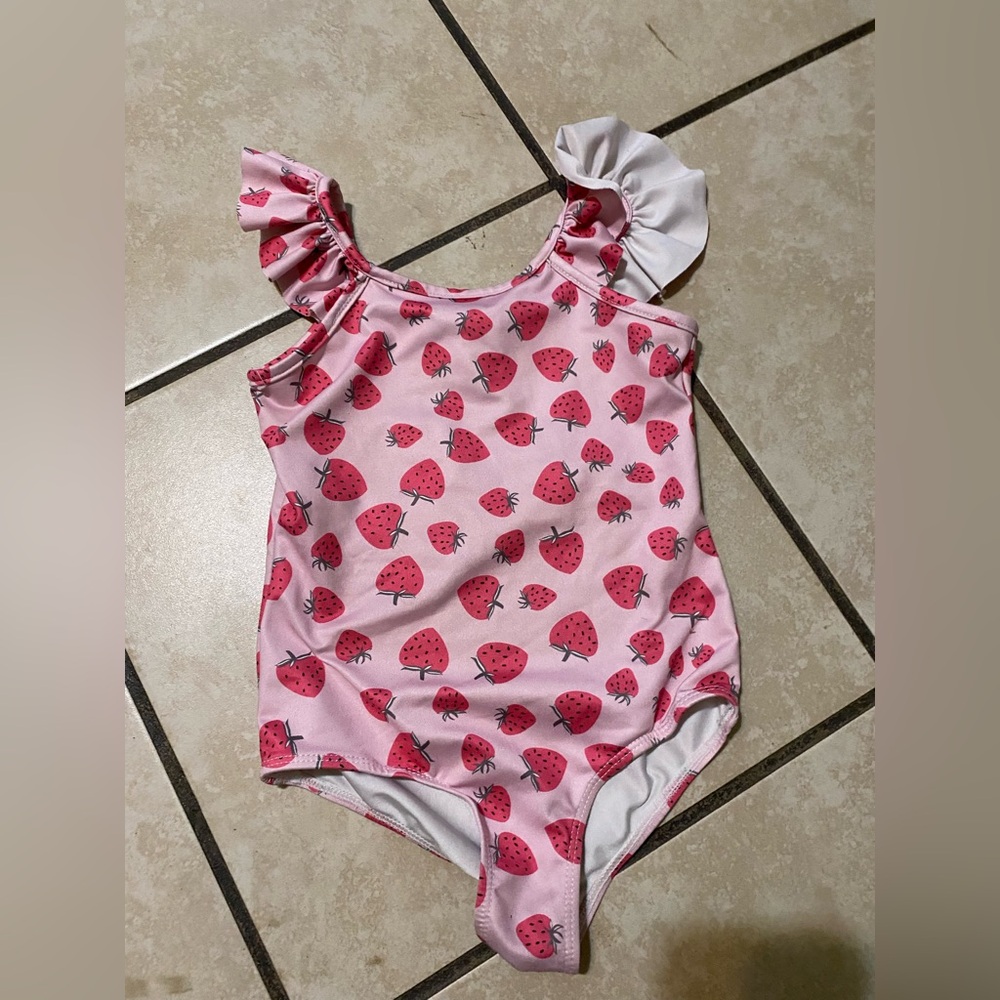 Girls Pink Strawberry One-Piece Swimsuit with Ruffle Straps